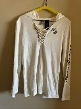 Harley-Davidson White Lace-Up Hooded Long Sleeve Top